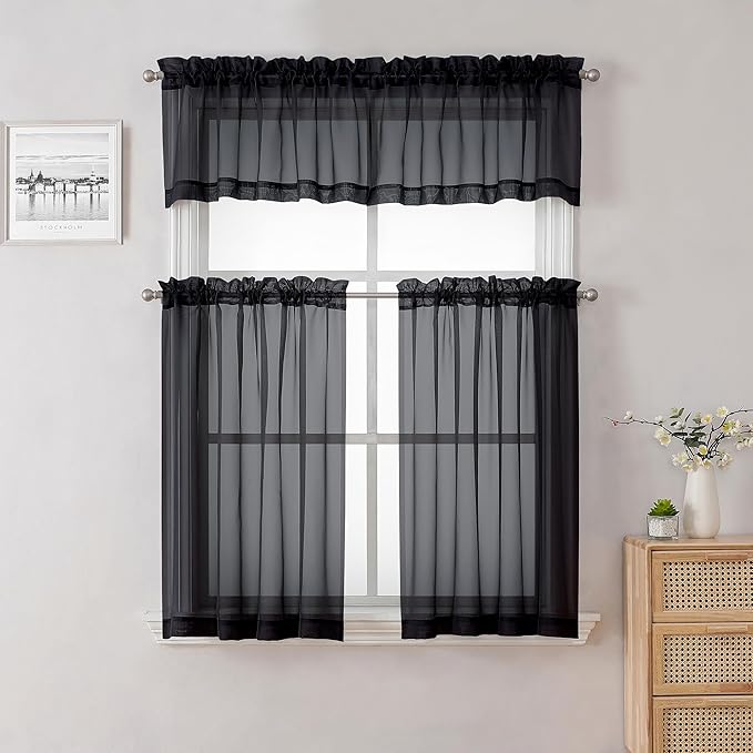 Lecloud Black Sheer Valance for Windows 14 Inch Length 2 Pieces, Light Reducing - Image 3