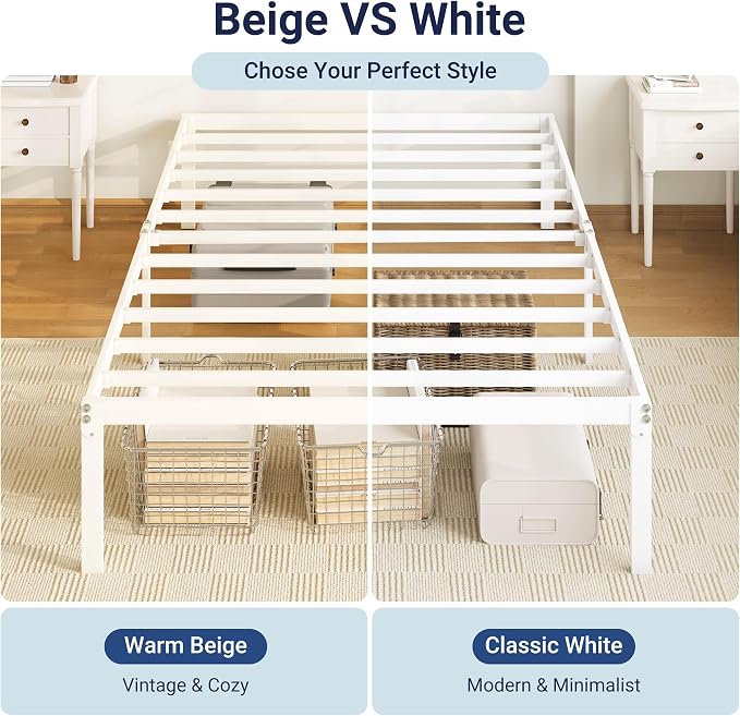 Allewie Twin XL Bed Frame, 14 inch Metal Beds with Storage Space, White | Heavy-Duty Metal Platform Beds, Large Under-Bed Storage Space, No Box Spring Needed, Easy Assembly
