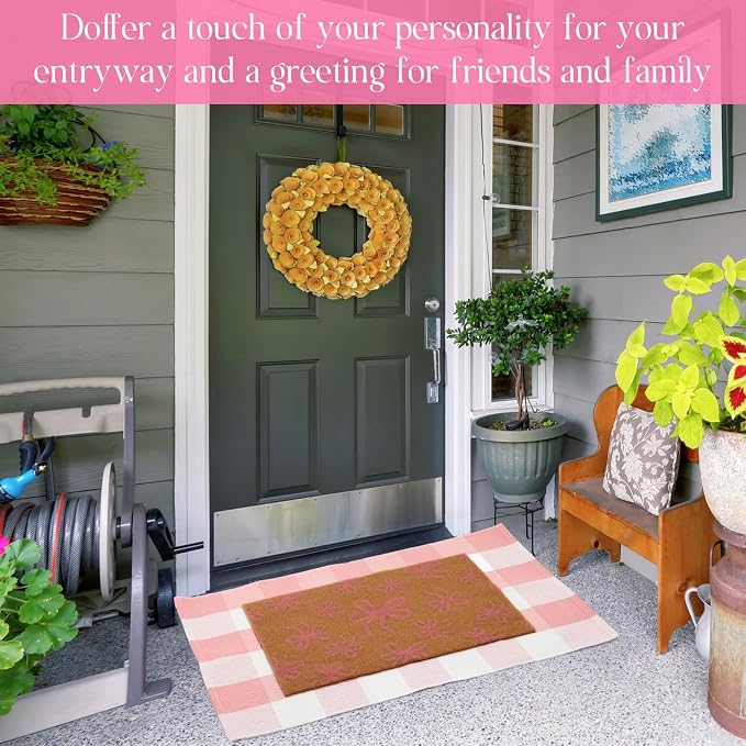 2 Pcs Outdoor Door Mat Combo Set Layered Outdoor Rug and Coir Welcome Doormat Non Slip Outside Floor Mat for Front Porch Entryway Patio Yard Decor(Pink Bow,24'' X 35'',24'' X 16'')