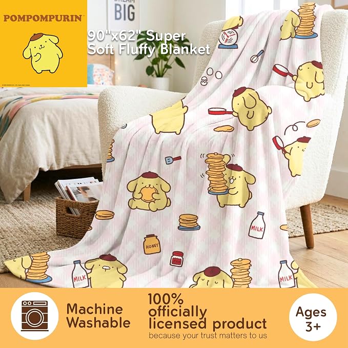 Sanrio Pompompurin Pancake Lover Bedding Plush Blanket 90 in x 62 in – Soft Cozy Throw for Couch, Bed & Travel, Collectible Gift (Officially Licensed Product) by Franco Collectibles