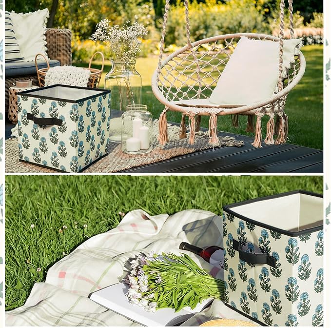 Bokon 6 Pcs 11 Inch Block Print Storage Bins Cube Cyan and White Storage Basket Rustic Floral Foldable Fabric Organizing Bins with Handles for Home Office Shelves Closets Clothes Toys Books