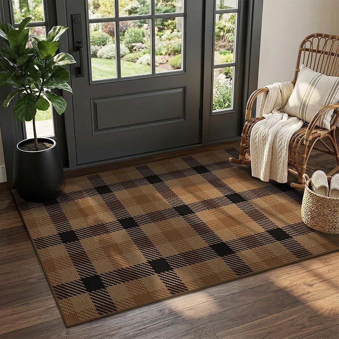 Easy Jute Plaid 3x5 Entryway Rug, Brown Checkered Washable Front Door Mat, Indoor Outdoor Farmhouse Non Slip Rug for Porch, Entrance, Balcony and Kitchen