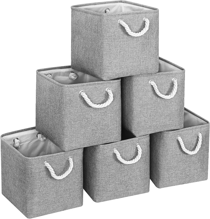 FinishingBo 11 inch Cube Storage Bin with Handles 6 Pack | Foldable Basket, Fabric Storage Bins, Closet Storage, Home Organizer (Gray)