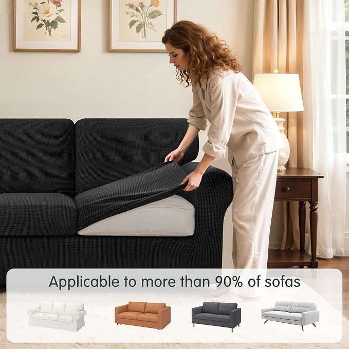 SUBRTEX 7 Pieces Stretch Sofa Slipcover Sets Couch Cover Sets Backrest Cushion Covers Furniture Protector Collection Set for Oversize Sofa Loveseat Chair Slip Covers(Large, Black)