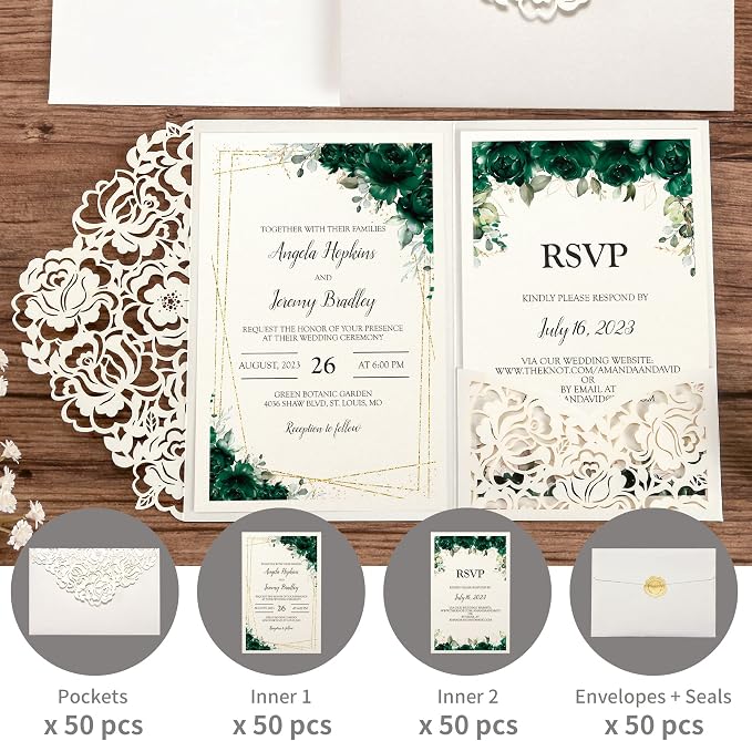 DORIS HOME 50Pcs Personalized Laser Cut Wedding Invitations, Ivory | 4.7"x7.1", Customized Anniversary Invitations, With Envelopes