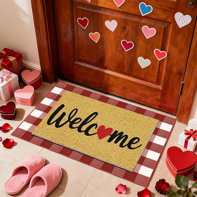 2 Pcs Valentines Day Welcome Doormat, Heart Welcome Door Mat Valentines Day Non Slip Coir Plaid Mat Layering Doormats Seasonal for Home Bathroom Front Porch Entryway Decor 24"x 32"