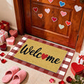 2 Pcs Valentines Day Welcome Doormat, Heart Welcome Door Mat Valentines Day Non Slip Coir Plaid Mat Layering Doormats Seasonal for Home Bathroom Front Porch Entryway Decor 24"x 32"