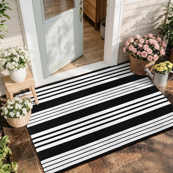 OJIA Front Door Mats 27.5"x43" Black and White Outdoor Rugs Porch Decor | Cotton Woven Front Door Rug Striped Area Rug Machine Washable Layered Doormats for Farmhouse/Kitchen/Entryway/Patio Decor