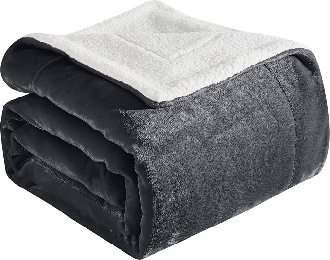 Elegant Comfort Ultra Soft Reversible Flannel Sherpa Blanket - Cozy Silky Fleece Throw for Couch, Bed - Plush Fuzzy Warm Winter Blanket for Gift, Queen, Gray