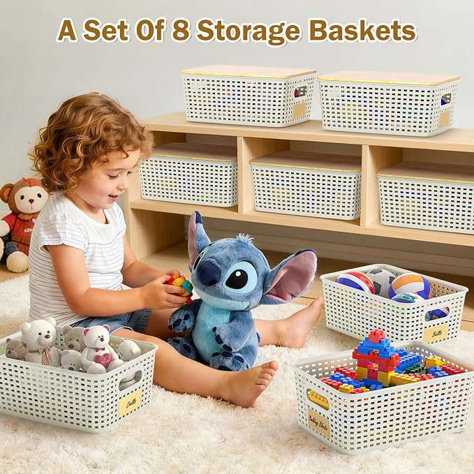 Stackable Storage Baskets: 8 Pack Plastic Baskets Bins, White | Decorative Baskets for Organizing, Pantry Decorative Containers for Closets, Cabinets, Shelves