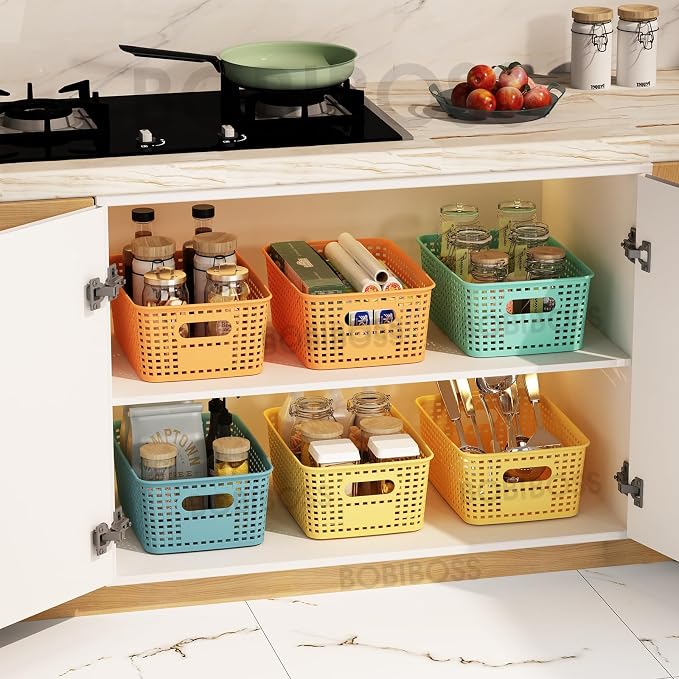 Colorful Plastic Storage Baskets with Lids 12 Pack Stackable Storage Bins Containers for Shelves Organizing, Colored Cute Decorative Storage Boxes for Classroom, Playroom, Closet, Pantry