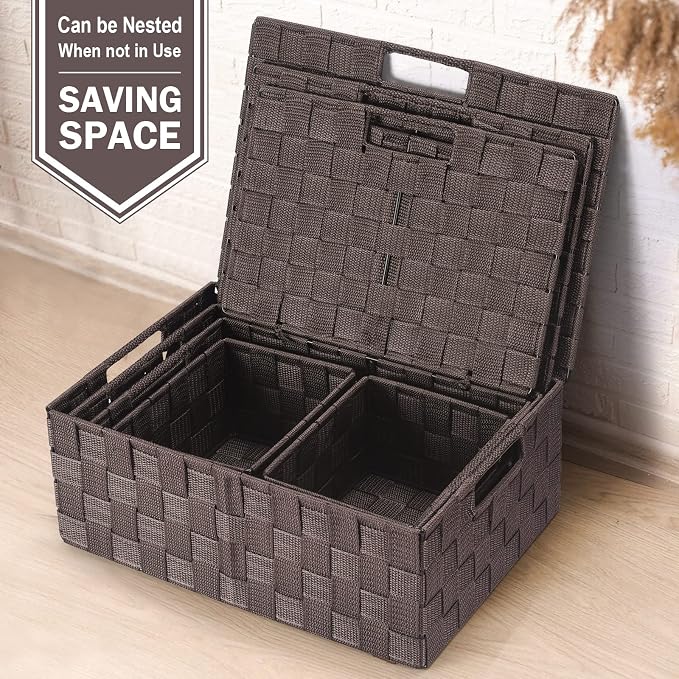 Storage Baskets with Lids: 5 Pack Stackable Woven Storage Bins, Brown | Decorative Woven Baskets for Organizing with Built-In Handles for Shelves, Closets, Cabinets and Cubbies, Gift Small Basket