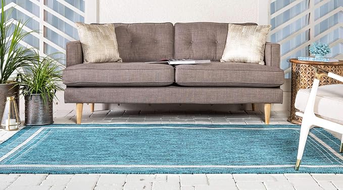 Unique Loom Outdoor Border Collection Area Rug - Soft Border (7' 1" x 10' Rectangle, Teal/ Ivory)