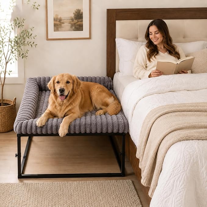 Adjustable Bedside Dog Bed for Extra Large Dogs, Elevated Co-Sleeper Dog Bed with Reinforced Metal Frame, Thick Supportive Cushion Mattress & Washable Cover, Dog Bedside Sleeper for Dogs & Cats
