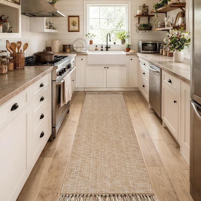 Collive Kitchen Runner Rug, 2.6' x 12' Washable Modern Farmhouse Bathroom Runner Rugs, Boho Hand-Woven Entryway Runner Rug Tan Reversible Hallway Carpet for Laundry Bedroom Front Door Decor