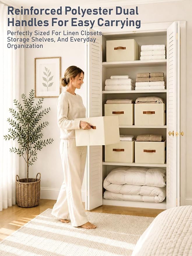 8 Pack Large Closet Storage Baskets Bins for Shelves, Collapsible Fabric Closet Organizers and Storage with Polyester Handles, Decorative Baskets for Organizing Clothes, Towels, Linen Closet 14"x10"