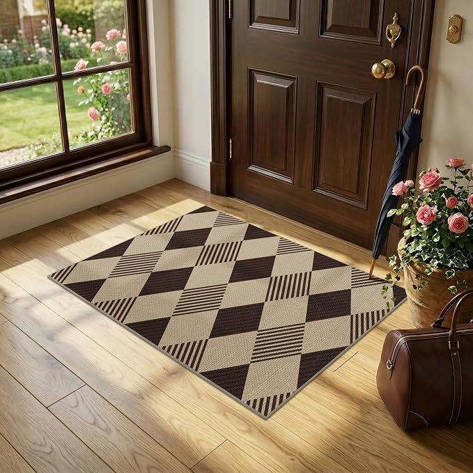 2x3 Entryway Door Mat Indoor – Washable Non Slip Small Rug for Front Door, Kitchen Sink, Mudroom, Garage Entry, Low Profile Easy Clean Farmhouse Plaid Floor Mat