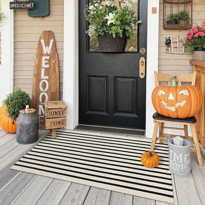 Collive Door Mat Black and White Striped Rug 27.5" x 43.3", Farmhouse Fall Front Porch Rug Reversible Washable Front Door Mats, Hand Woven Welcome Layered Doormat Carpet for Entryway Entrance