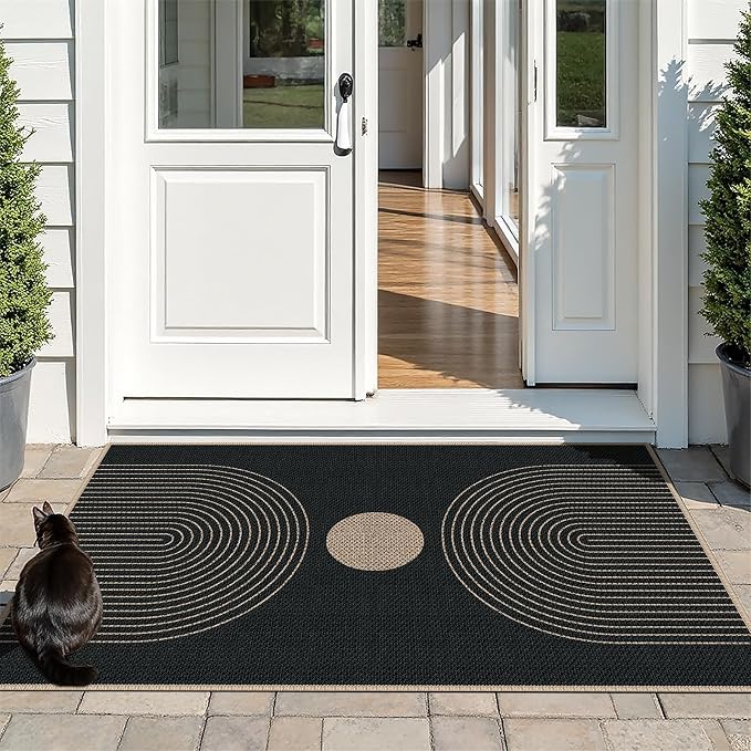 Easy Jute 3x5 Black Rainbow Area Rug,Washable Entryway Rug, Modern Door Carpet,Neutral Non-Slip Outdoor Indoor Farmhouse Rug for Living Room Kitchen Patio Bedroom