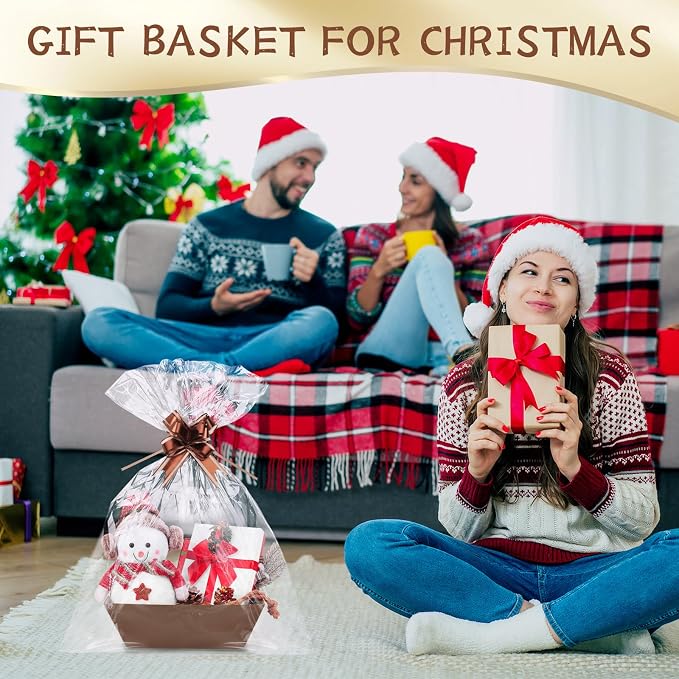 AFOROEOA 20PACK Baskets for Gifts Empty, 12x10x4” Thick Brown Gift Basket with Handles, 20 Bows & 20 Bags - Empty Gift Baskets for Christmas, Thanksgiving, Wedding, Birthday Party, Wrapping Gifts