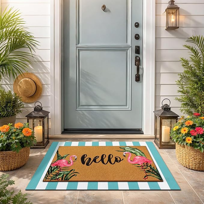 Tinideya 2 Pcs Summer Flamingo Layering Doormats Sets, Tropical Palm Leaves Hello Coir Door Mat with Rug for Porch Entryway Outdoor Decor