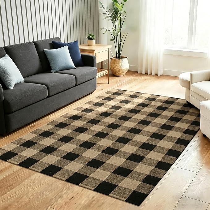 Buffalo Plaid Outdoor Rug 4x6 Ft Coffee and Black Checkered Area Rug Washable Indoor Outdoor Rugs for Entryway,Hallway, Kitchen, Living Room, Dining Room, Bedroom