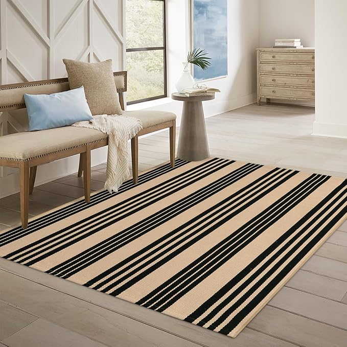 OJIA Outdoor Area Rugs 4'x6', Black and Tan Outdoor Patio Rug Porch Decor | Machine Washable Patio Rug Cotton Woven Entryway Rug Indoor Outdoor Rugs for Bedroom/Porch/Deck/Backyard/Camping/Living Room