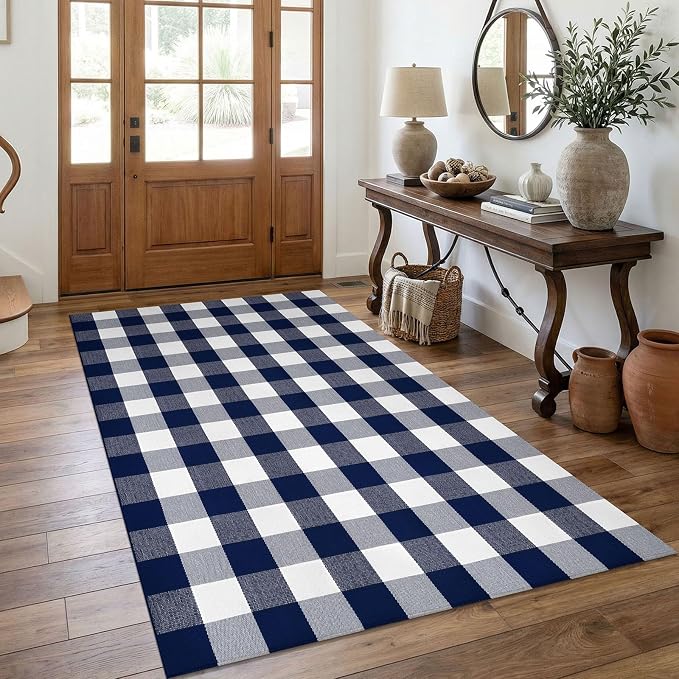 KOZYFLY Buffalo Plaid Area Rug 4x6 Ft Checkered Rug Washable Cotton Outdoor Rugs for Bedroom Blue and White Front Door Mat Carpet for Front Porch Living Room Dining Room Kitchen