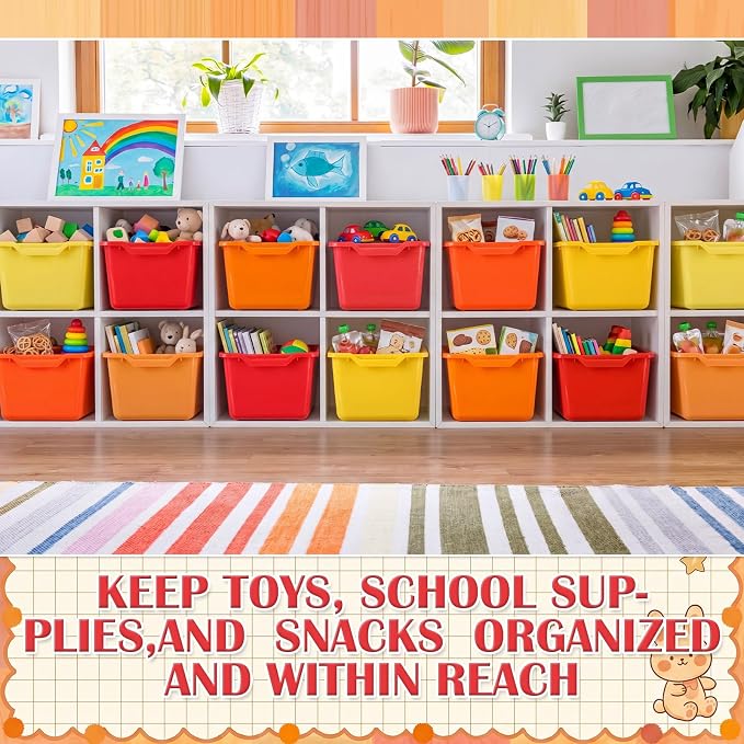 Dandat 32 Pcs Plastic Book Bins for Classroom Library Cubby Bins Scoop Front Stackable Toy Storage Tubs Containers for School Office Home Nursery Playroom Organization (Bright Color)