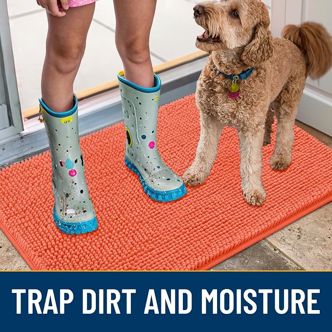 Smiry Dog Door Mat for Muddy Paws 30x20, Absorbent Dirt Trapper, Non-Slip Washable Chenille Entryway Rug for Inside Floor, Coral, Classic Solid