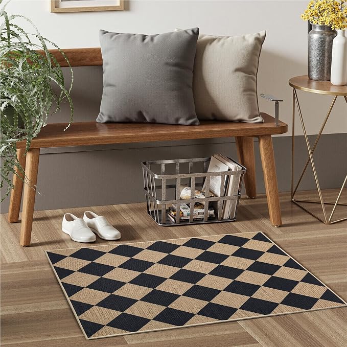 EDIMENS Checkered Easy Jute 2x3 Entryway Rugs Front Door Mat Entry Rug | Non Slip Small Area Rug Kitchen Mat Checkered Rug Farmhouse Low Pile Washable Black Indoor Outdoor Doormat for Porch Doorway