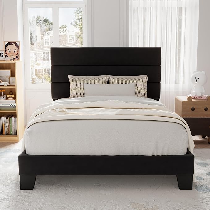 Allewie Twin Size Platform Bed Frame with Velvet Upholstered Headboard | Wooden Slats Support, Fully Upholstered Mattress Foundation, No Box Spring Needed, Easy Assembly, Noise-Free, Black
