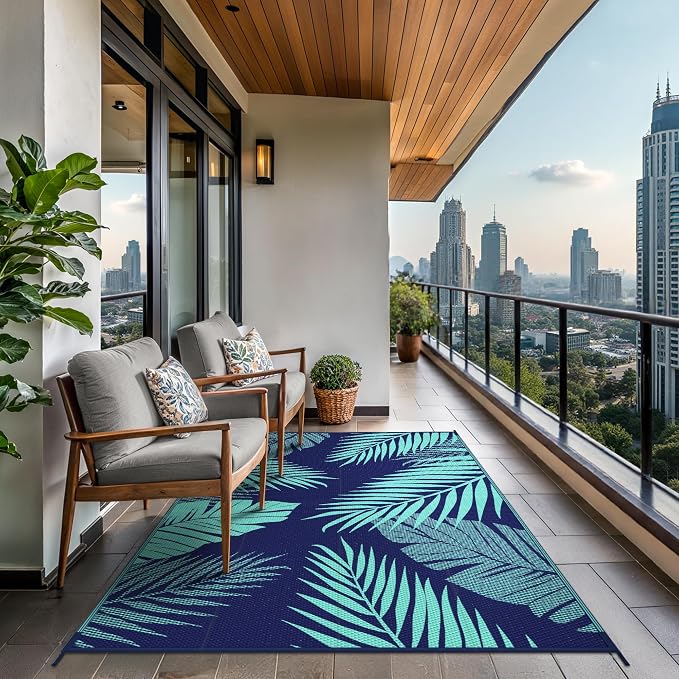 GENIMO Outdoor Rug, Waterproof Plastic Rugs for Patio, 9'x12' Blue Green | Outside Larger Leaf Carpet Mat for Porch Decor, Deck, Balcony, Camping, RV, Backyard, Picnic, Beach, Reversible, Foldable