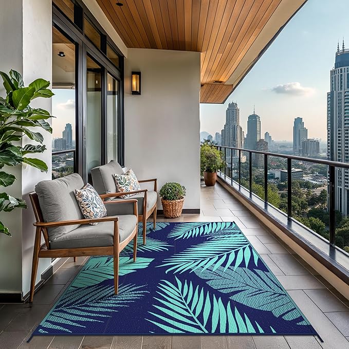 GENIMO Outdoor Rug, Waterproof Plastic Rugs for Patio, 8'x10' Blue Green | Outside Larger Leaf Carpet Mat for Porch Decor, Deck, Balcony, Camping, RV, Backyard, Picnic, Beach, Reversible, Foldable