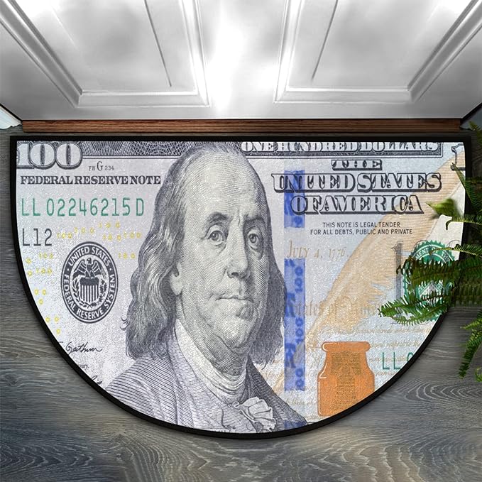 Pardick Money 100 Dollar Bill Half Round Doormat, Non-Slip Half Circle Area Rug, Durable Washable Runner Mat for Living Room Bedroom Indoor Outdoor Kitchen Floor Home Decor Half Moon Rug