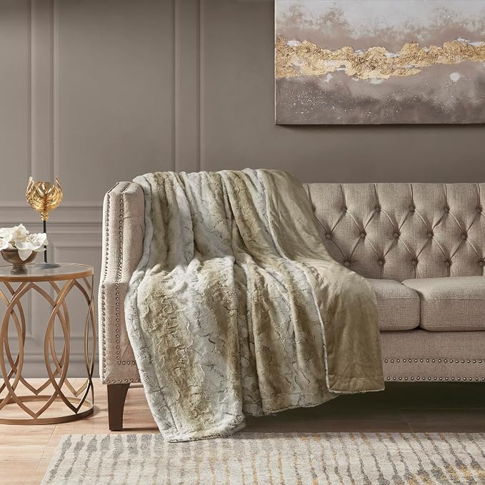 Madison Park Zuri Faux Fur Reversible Throw Blanket, 50 x 60 in, Sand | Oversized Soft Plush, Luxury, Animal Stripes, Mink Reverse, Modern, All Season, for Bed Sofa Couch, OEKO-TEX Certified