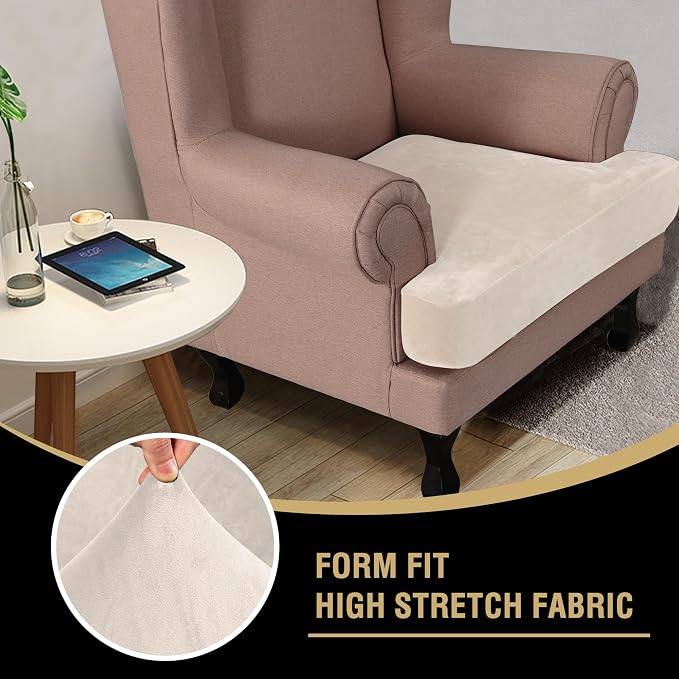 H.VERSAILTEX Stretch Velvet T Cushion Chair Covers for Living Room Armchair Sofa Cover Couch Cover Slipcover T Cushion Seat Cover Stay with Elastic Bands (Armchair, Cream)
