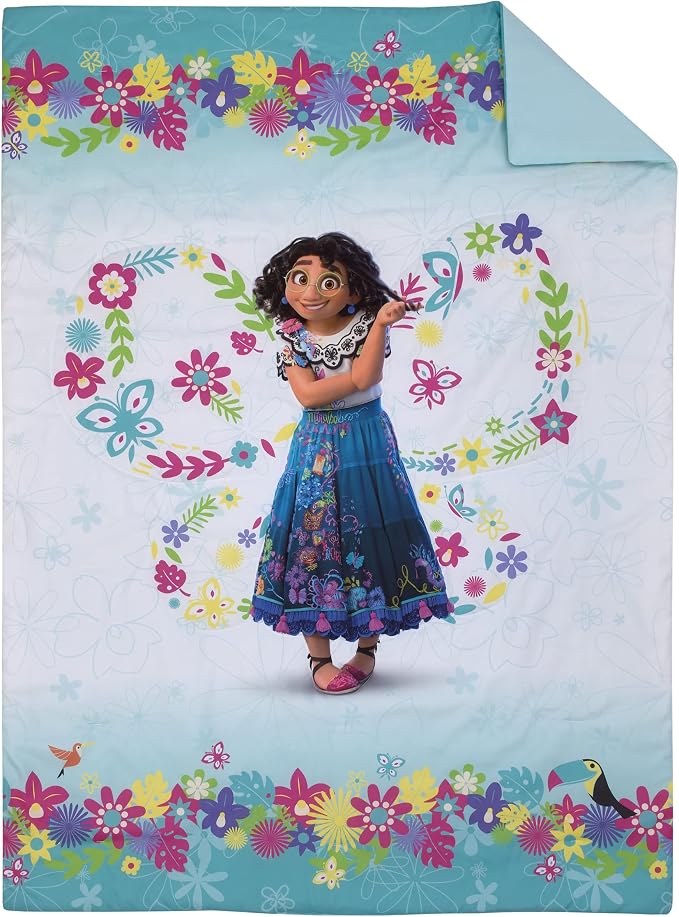 Disney Encanto Tropical Delight Pink and Aqua Flowers and Butterflies 4 Piece Toddler Bedding Set - Comforter, Fitted Bottom Sheet, Flat Top Sheet and Reversible Pillowcase