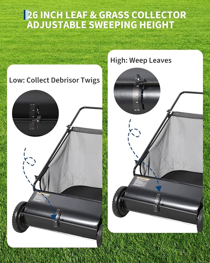 26 Inch Push Lawn Sweeper, 7 Cu.ft Large Capacity Leaf Collector with 4 Spinning Brushes, Adjustable Height Heavy Duty Steel Frame Lawn Sweeper with Rubber Wheels for Yard Garden Grass Leaves Debris