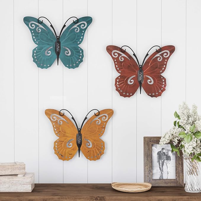 Lavish Home Butterfly Metal Wall Art, 3-Piece-Set | Hand Painted Decorative 3D Butterflies for Rustic Farmhouse Office or Home Decor