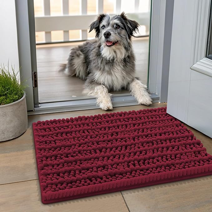 Smiry Dog Door Mat for Muddy Paws 24x16, Absorbent Dirt Trapper, Non-Slip Washable Chenille Entryway Rug for Inside Floor, Burgundy, Layered Pattern