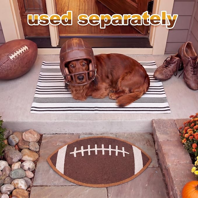Moucuny 2 Pcs Football Coir Doormat Outdoor 16'' x 28'' Rugby Ball Welcome Outdoor Mats Layered 24'' x 35'' Black White Striped Rugs for Front Door Porch Entryway Decor for Game Day, Home Gym