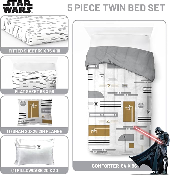 Jay Franco Star Wars Twin Comforter Set 5 Piece Soft Modern Bedding, White | Bed in a Bag, Comforter Sheets Sham Pillowcase, Official Product, Soft Microfiber, Machine Washable, Easy Care, Fan Gift