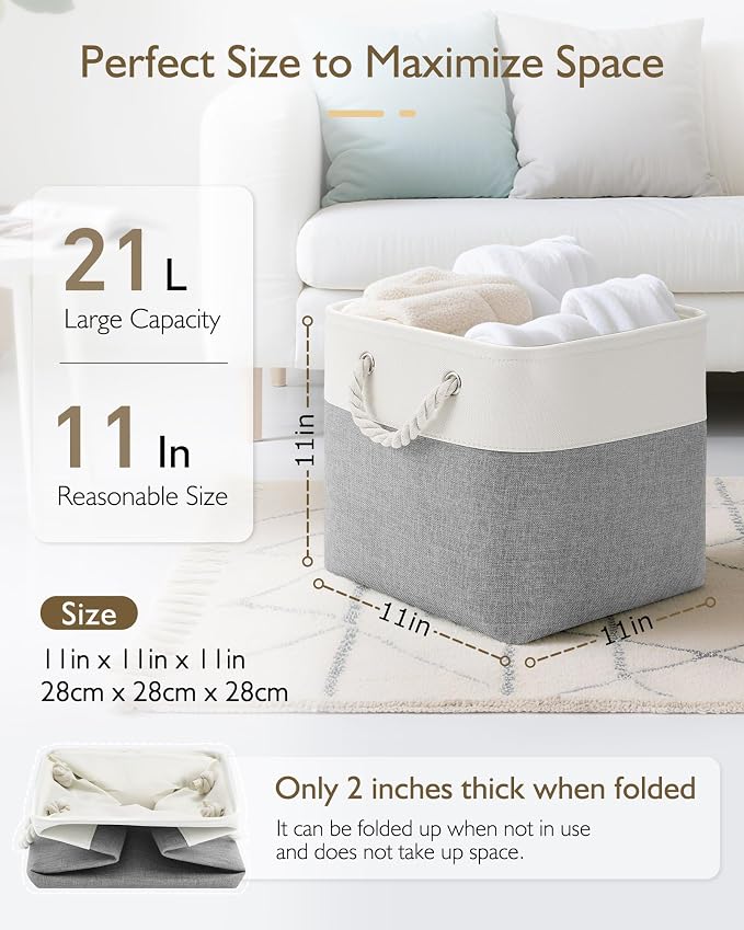 Patvingot 11-Inch Fabric Cube Storage Bins with Handles,4 Pack,Foldable | For cube shelves and closets,keeps grouped for everyday access,reinforced opening and fold-flat storage,white and gray