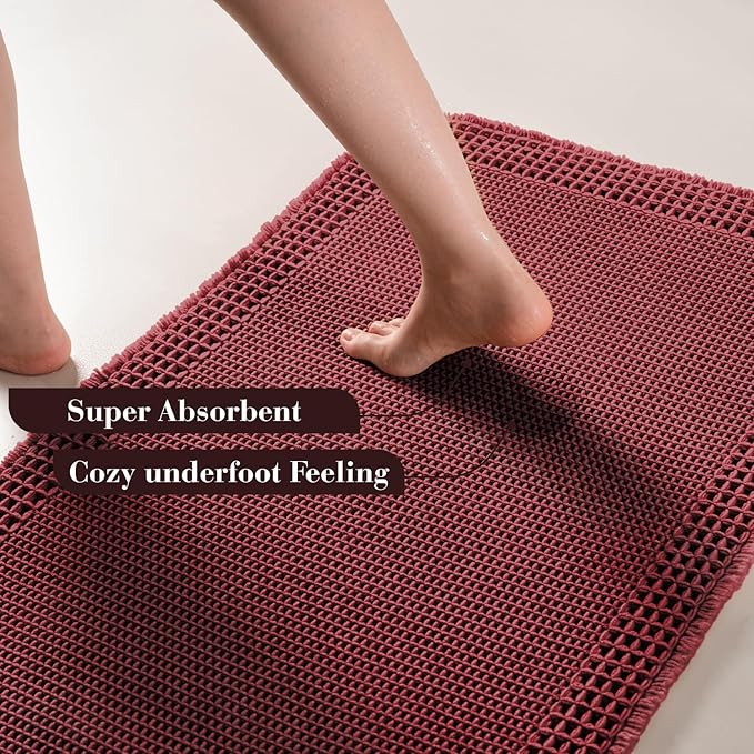 RESARE Waffle Bathroom Runner Rugs, Super Absorbent Bath Mat Non Slip Washable Quick Dry, Upgraded Ultra Soft Boho Bath Rugs with Tassels for Hallway Bedroom Laundry Room, 2'x4'(24"x48"), Dark Red