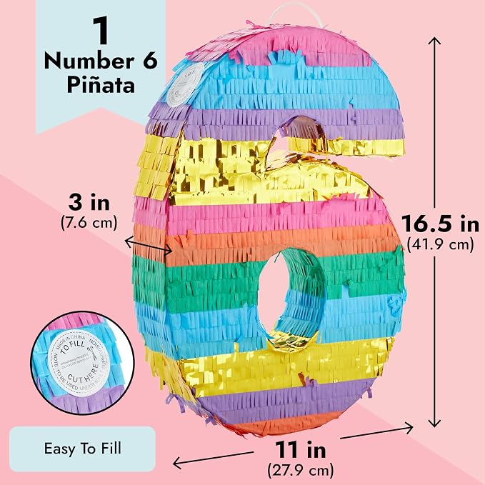 BLUE PANDA Rainbow Number 6 Pinata - Sturdy Corrugated Build & Easy Hang for Fiesta Party - Candy Filled 6th Birthday Party Surprise - Vibrant Tie-Dye Items for Kids - Small (16.5x11x3 In), Blue/White