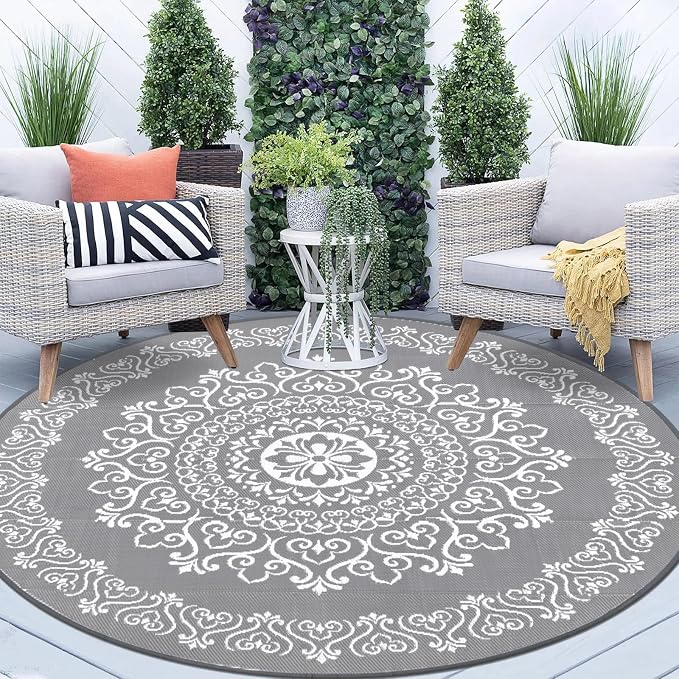 Pauwer Outdoor Rug 8ft, Waterproof Plastic Straw Camping Rug, Floral Grey | Reversible Patio Rug, UV Resistant Indoor Outdoor RV Mat Carpet For Deck, Camper, Porch, Balcony, Backyard, Picnic, Foldable