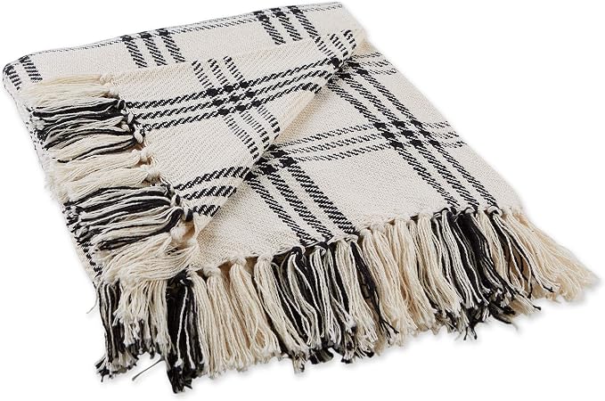 DII Modern Farmhouse Plaid Collection Cotton Fringe Throw Blanket, 50x60, White/Black