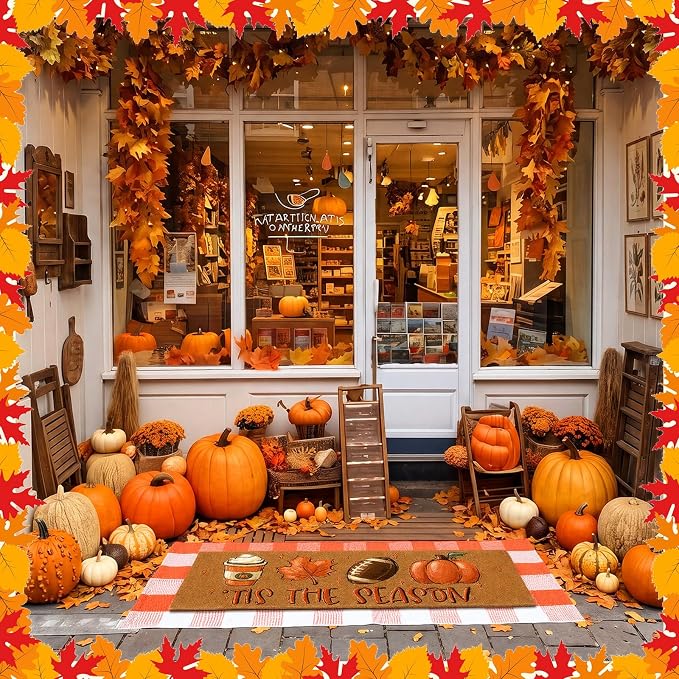 Moucuny 2 Pcs Fall Football Coir Doormat Outdoor, Tis The Season Welcome Coir Doormat 16 x 47, Layered Orange White Plaid Rug 22 x 56, Non-Slip Backing, Fall Autumn Porch Entryway Patio Decor