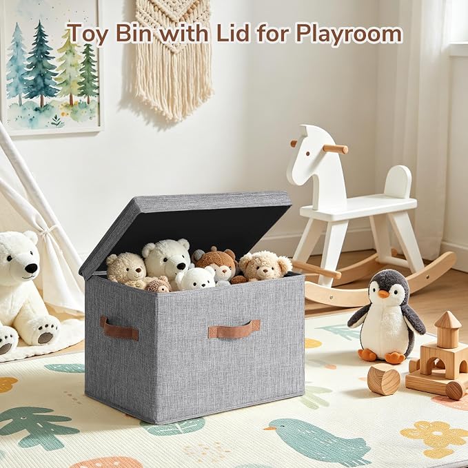 CHICVITA 4-Pack Large Fabric Storage Bins with Lids for Closet,Grey | 17.1" x 11.2" x 11.6" Storage Boxes for Shelves with Support Plate Fit Bedroom Storage Cubes with Handles for Clothes & Toys